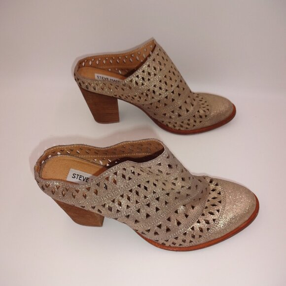 Womens Steve Madden Harmony Gold Leather Mules 8.5M 8.5 Cutouts Heels Shoes - Picture 1 of 9